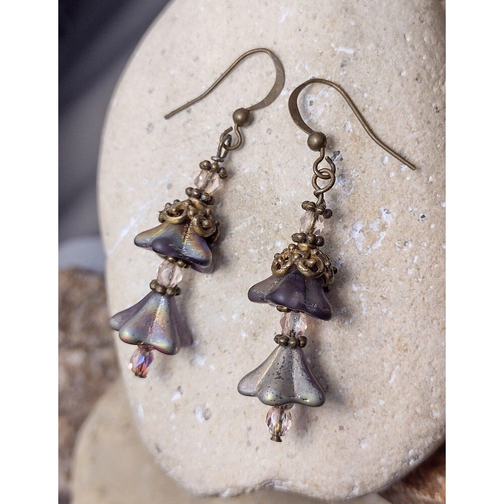 Vintage Iridescent Glass Flower AB Crystal Cryst Beaded Dangle Earrings